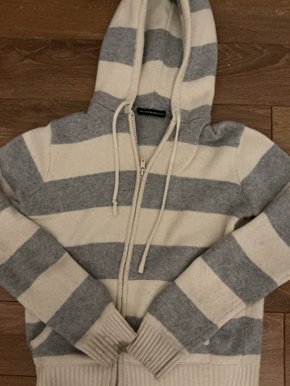Brandy Melville Gray and Cream Striped Hooded Zip Jacket